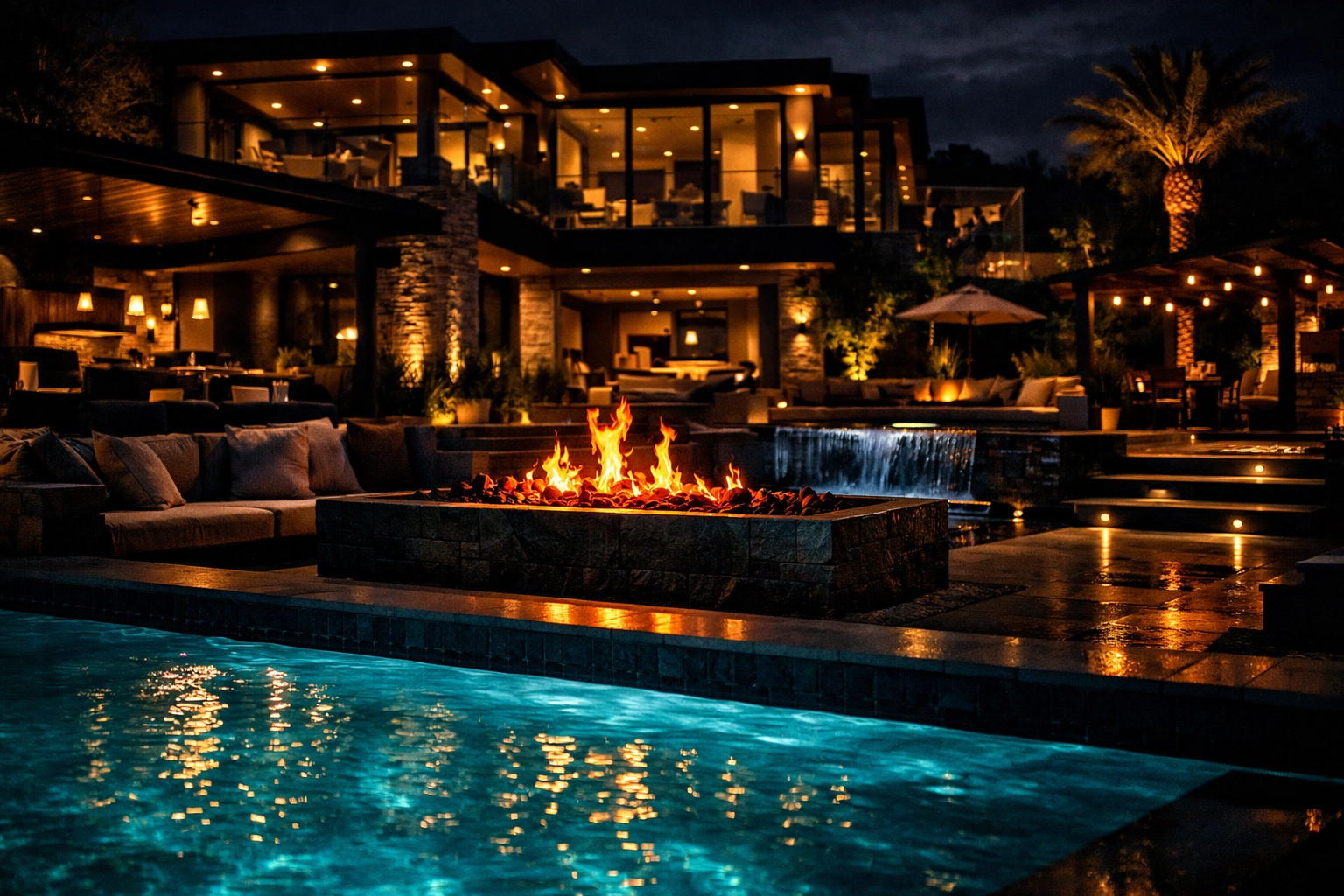 Luxury backyard featuring multiple outdoor audio zones for a customized home audio installation.