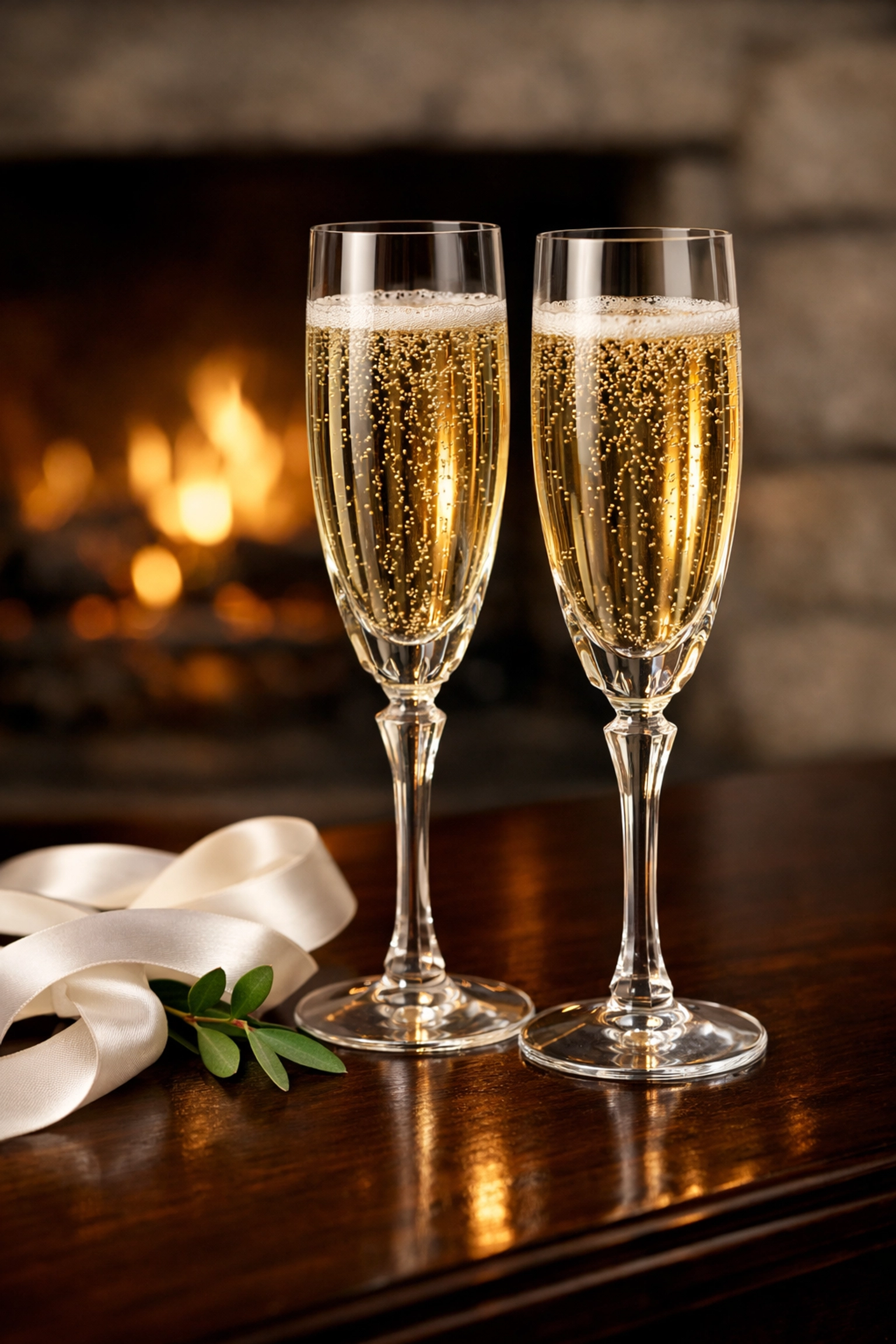 Champagne flutes by a fireplace at an affordable wedding venue in South Jersey with transparent pricing.