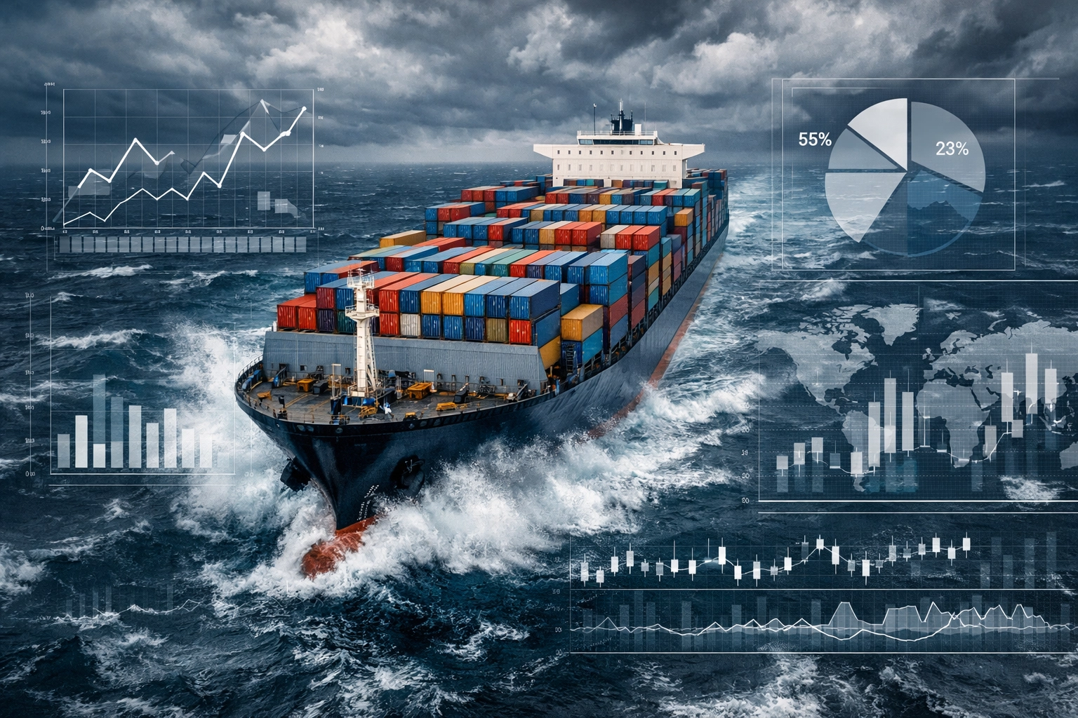 Container ship navigating challenging waters representing Miami freight forwarder tariff volatility