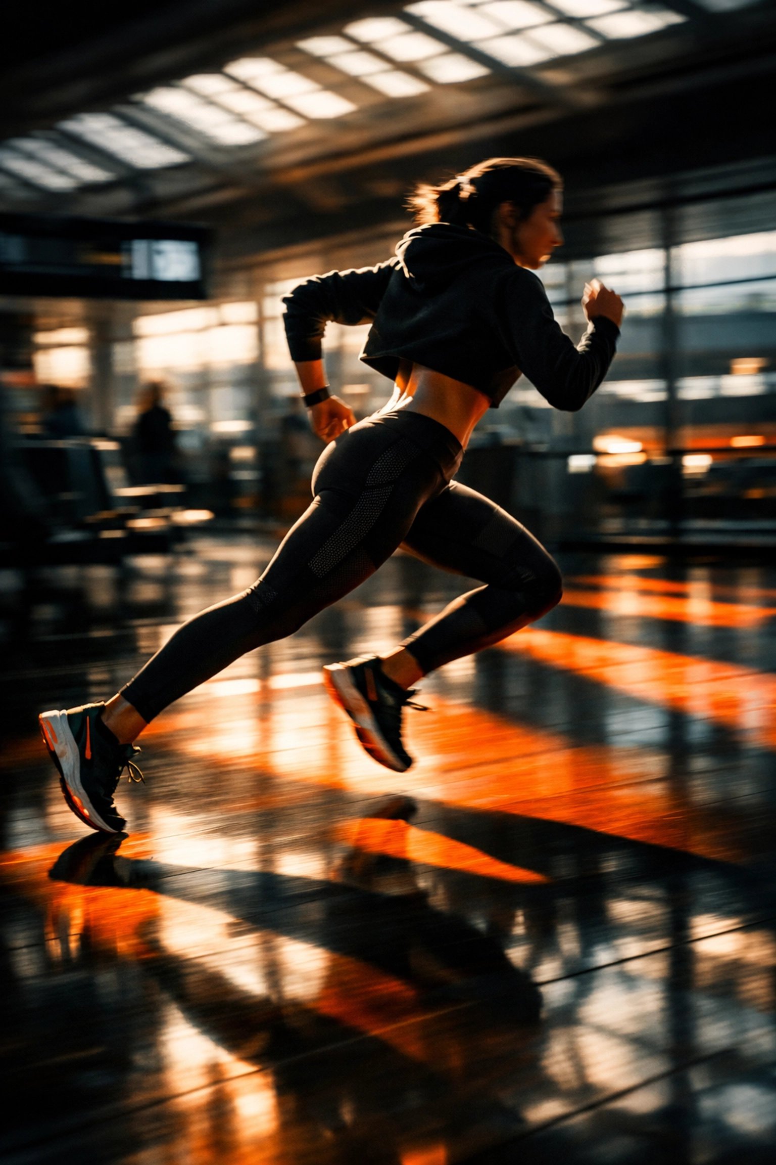 Runner in black and orange athletic travel apparel moving through an airport terminal with a carry-on—marathon weekend travel vibe
