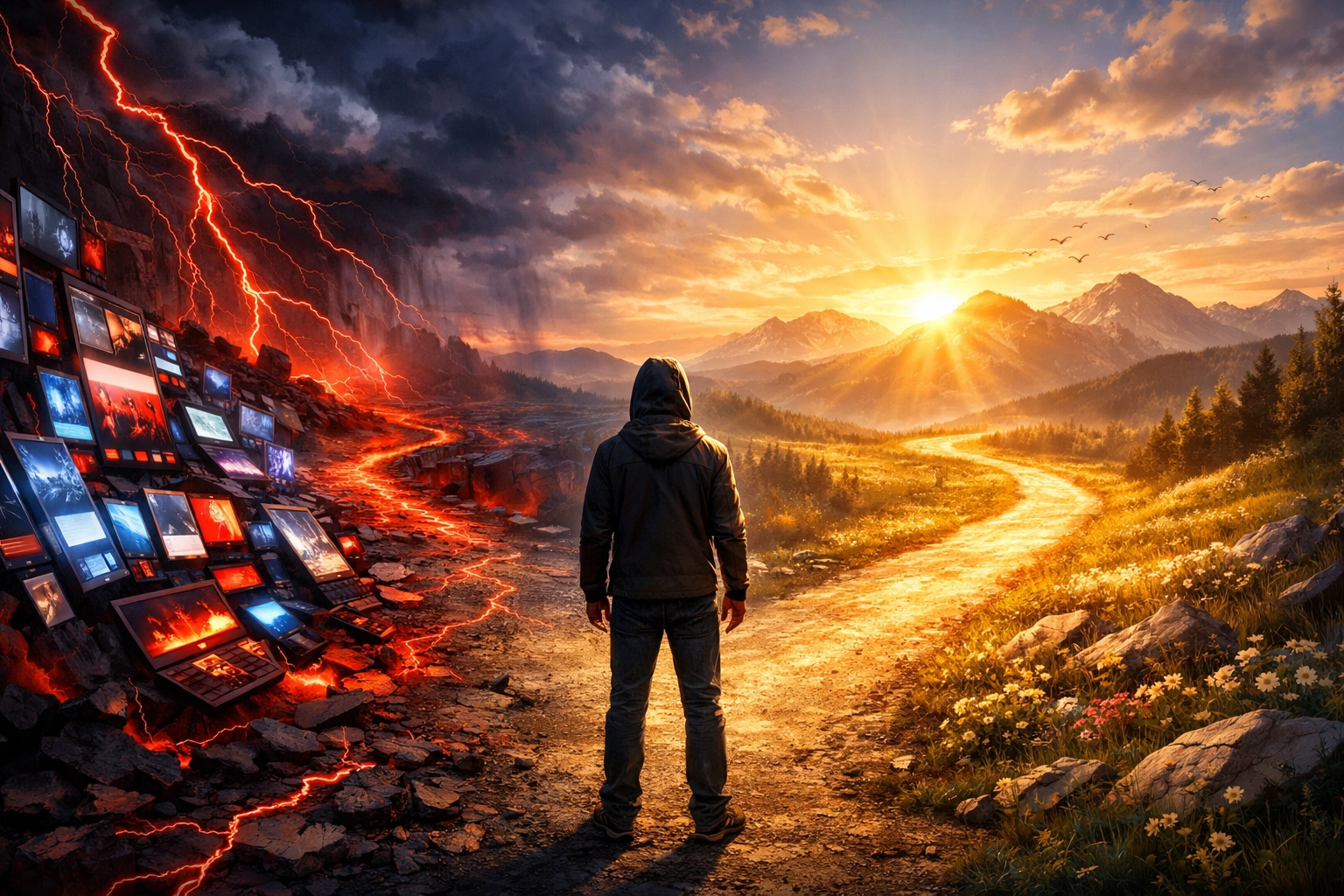 Illustration of a person choosing between digital doomscrolling and a peaceful spiritual path.