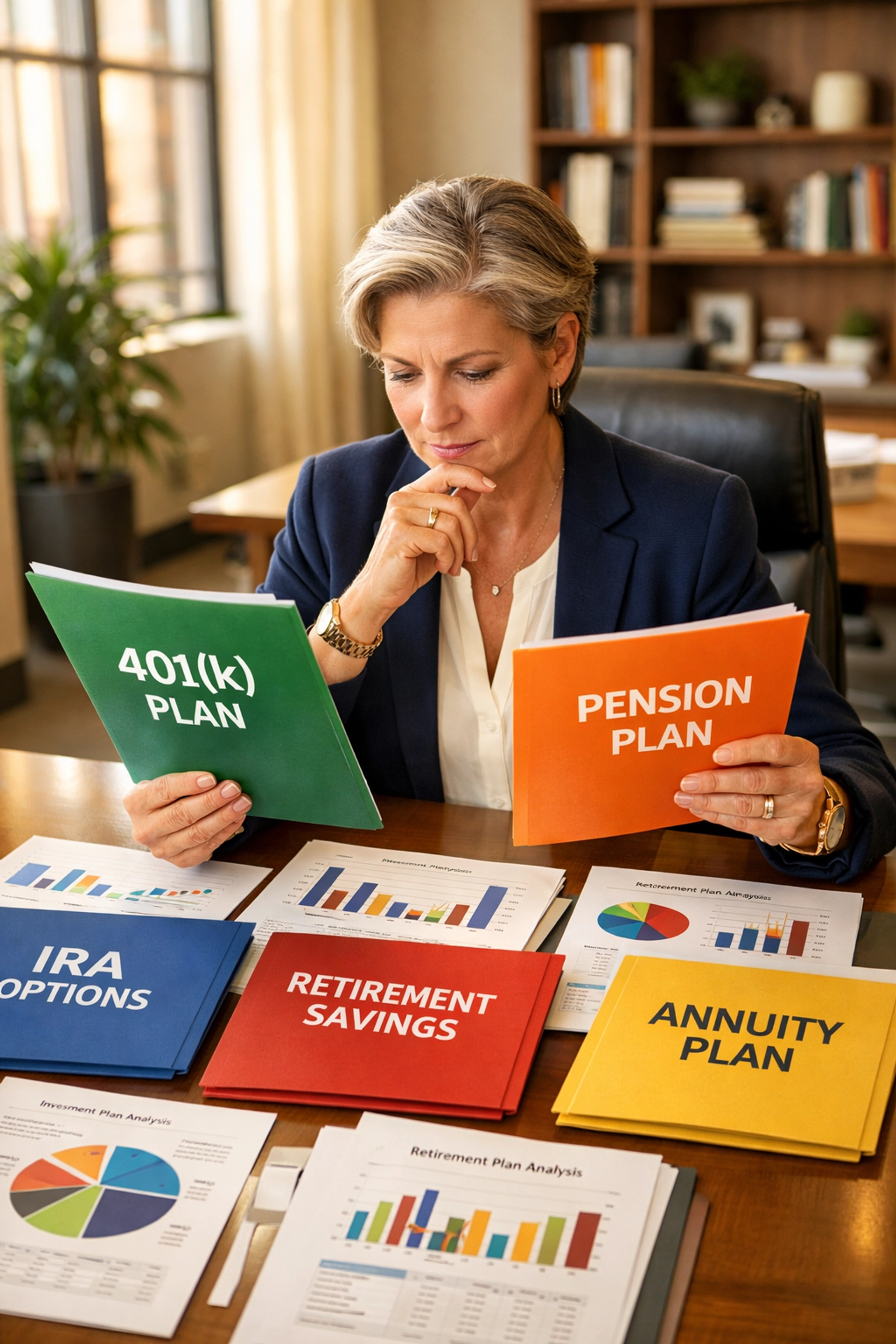 Business owner reviewing multiple retirement plan documents and options at conference table