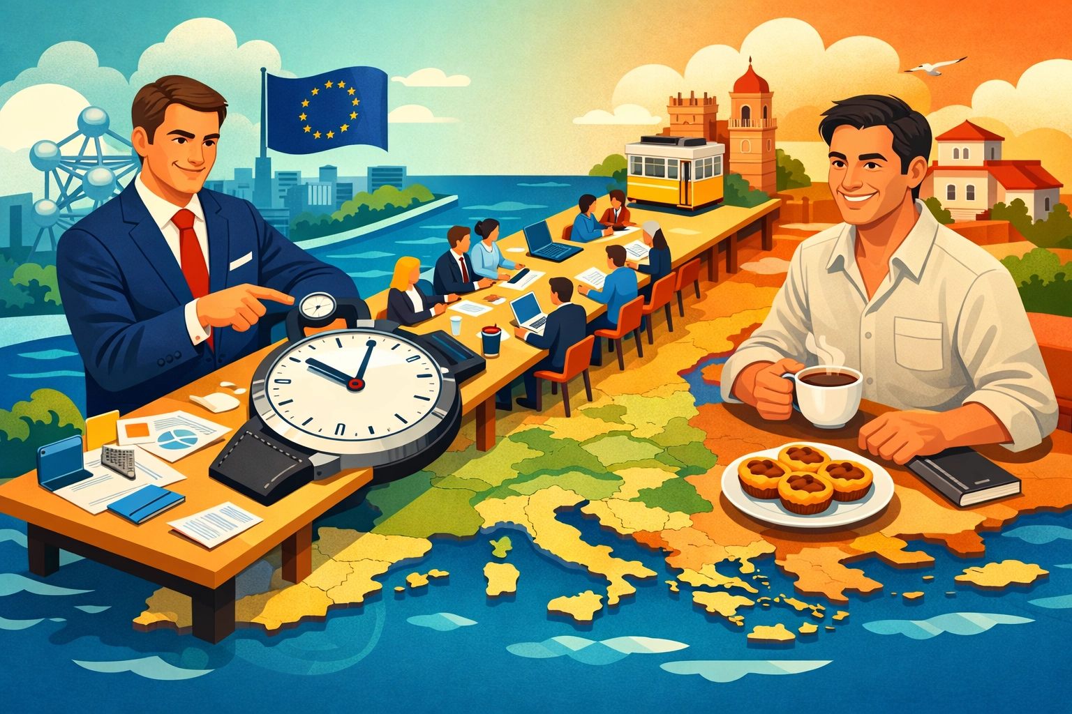 Illustration of business professionals in Brussels and Lisbon coordinating across European time zones.
