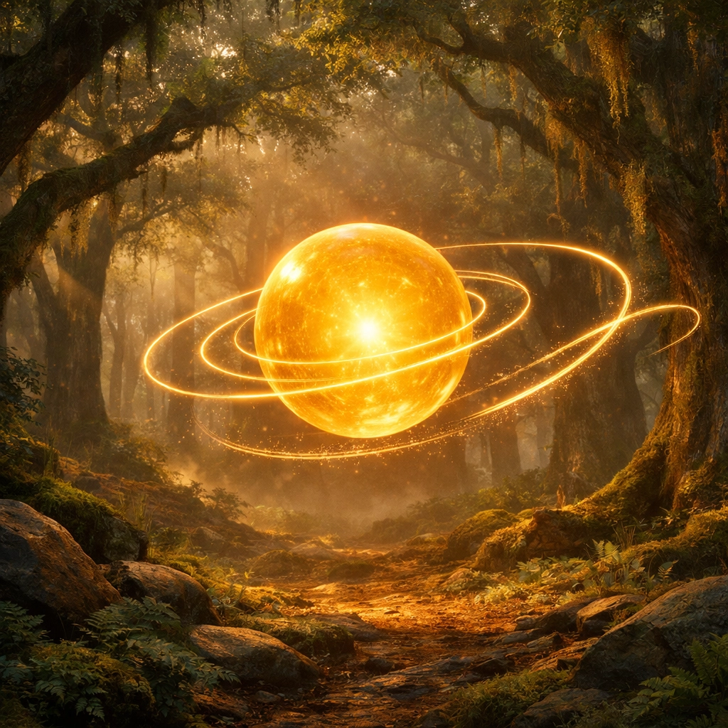 Luminous sphere in a forest symbolizing breaking the orbit of core wounding patterns.