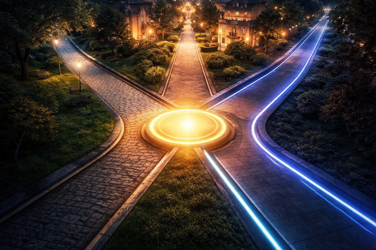 Three distinct pathways converging, visually representing equities, real estate, and crypto blending in the 40/30/30 investment framework.