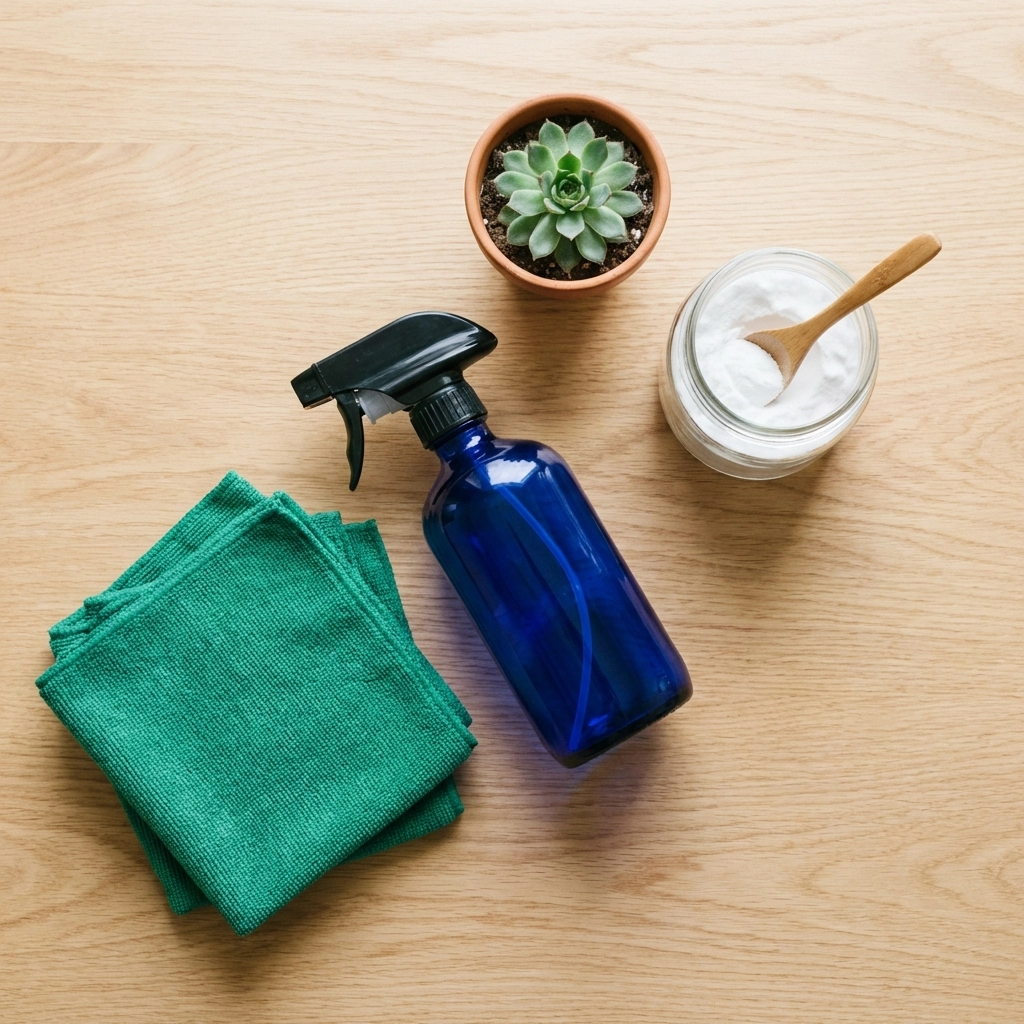 Eco-friendly cleaning supplies arranged neatly on wood, offering practical cleaning tips for organized, fresh homes.