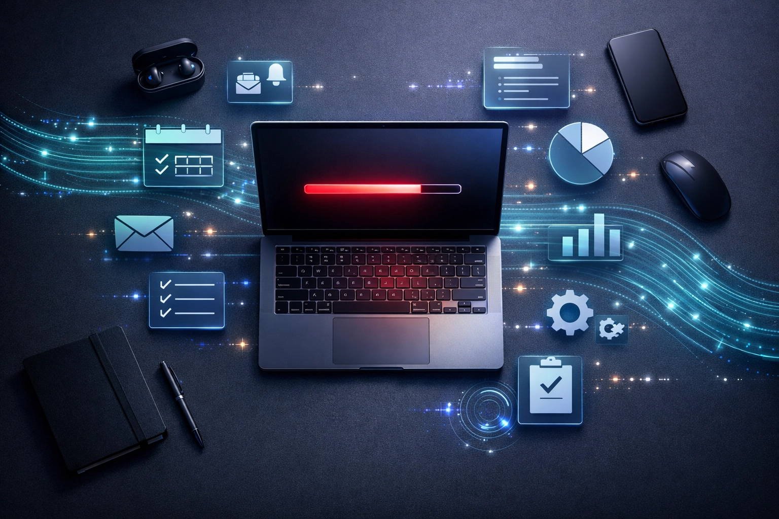 Automated business workflow running on laptop with digital task management interface