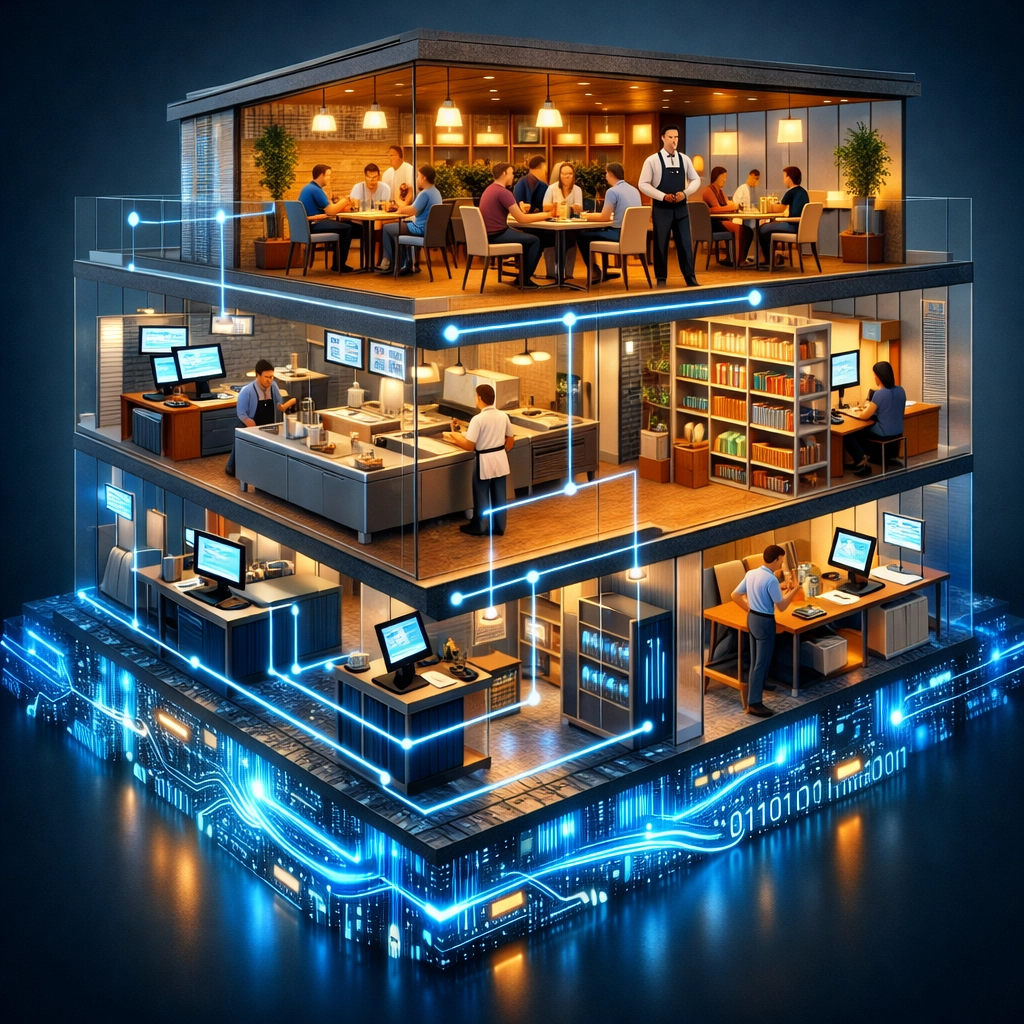 Full-stack restaurant architecture with integrated POS, kitchen, and data systems foundation