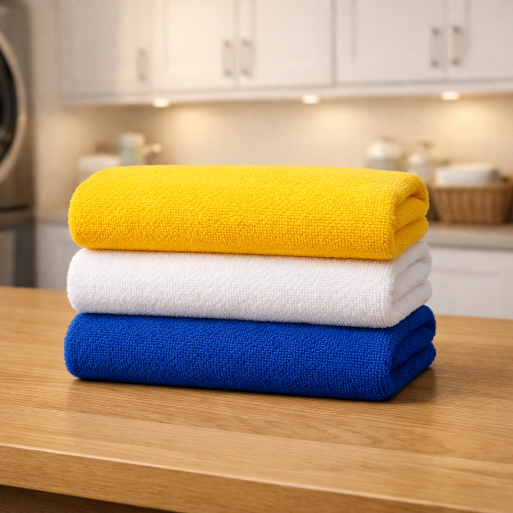 Color-coded microfiber rags neatly stacked for professional house cleaning and deep cleaning Lowell services.
