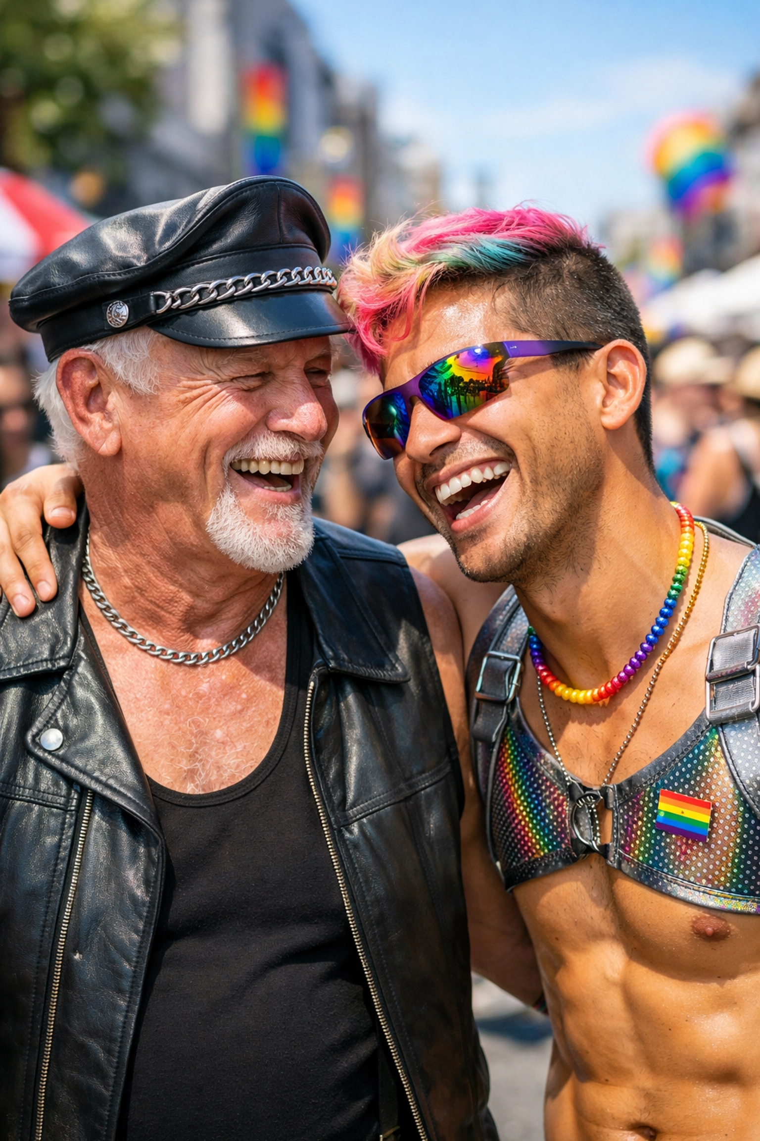 Intergenerational gay men laughing at Folsom Street Fair, celebrating the authentic spirit of queer community.