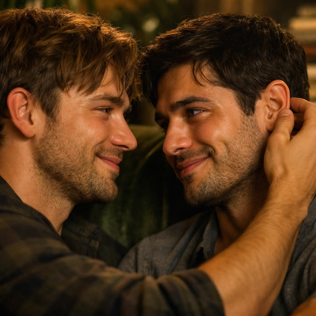 A romantic moment between two men on a cozy sofa, representing the emotional depth of MM romance books.