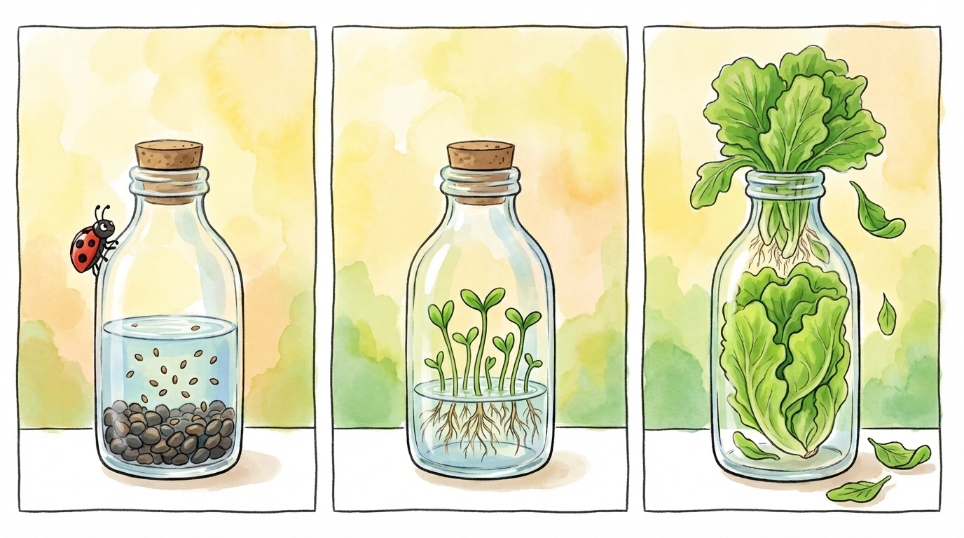 Storybook illustration showing three stages of hydroponic seed growth from sprouting to lush lettuce