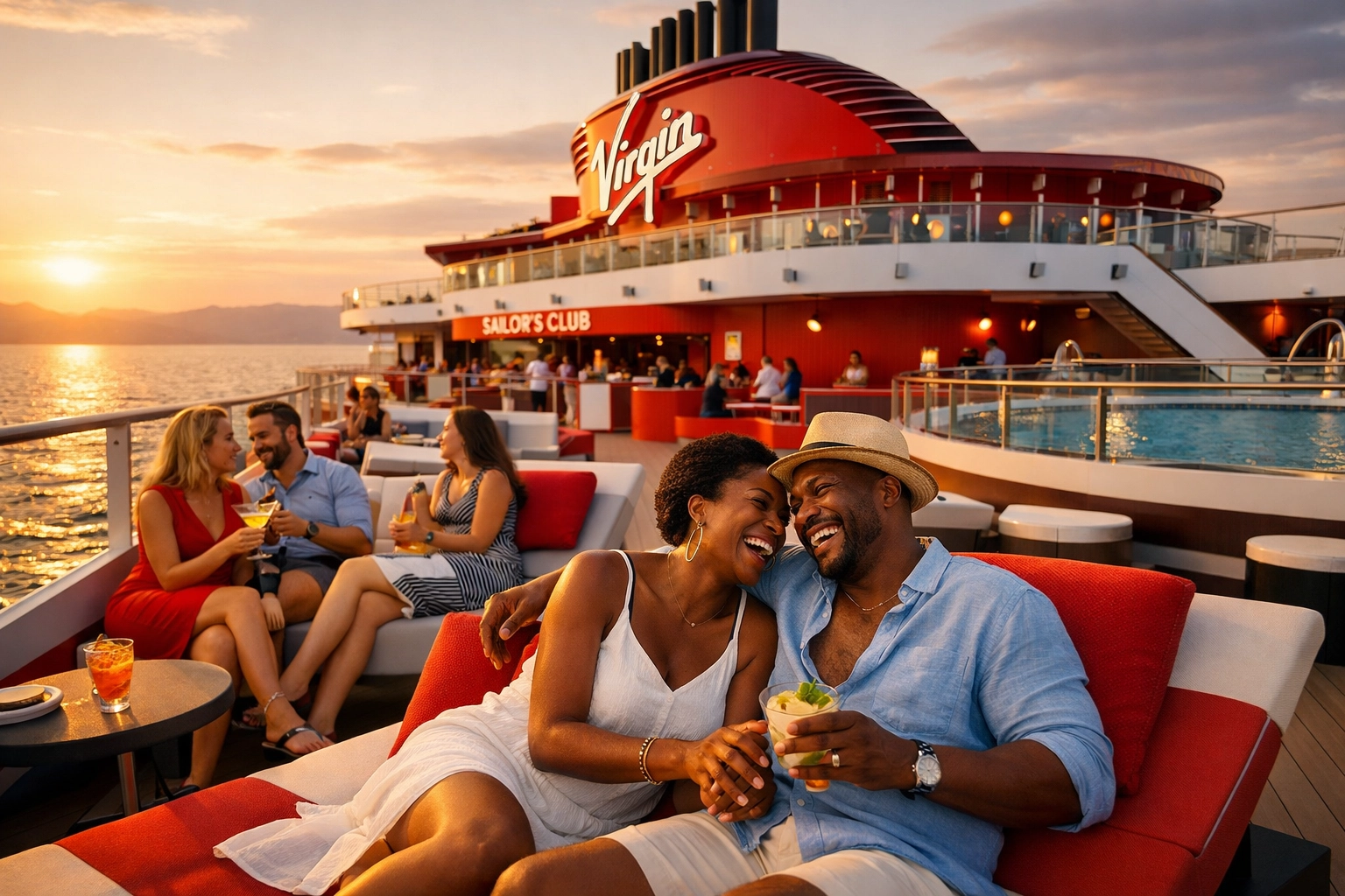 Adults relaxing on modern Virgin Voyages cruise ship deck at sunset with ocean views