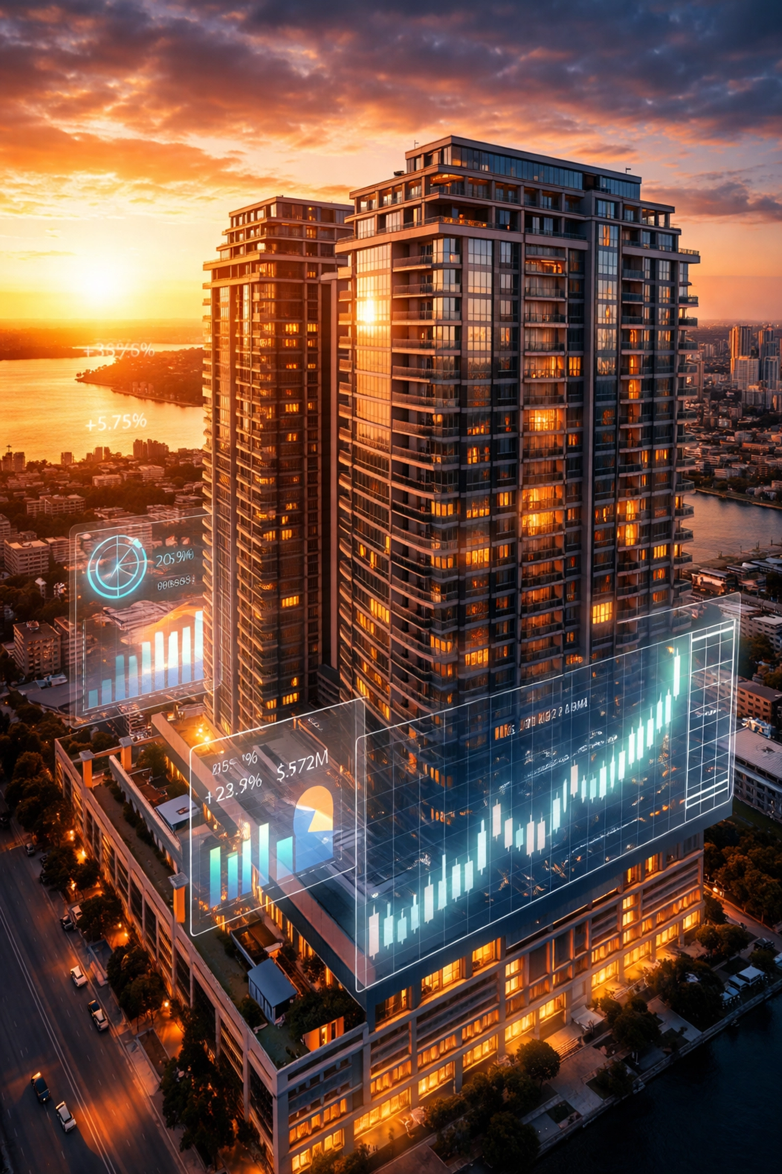 Aerial view of luxury high-rise real estate with financial data overlays for institutional investors