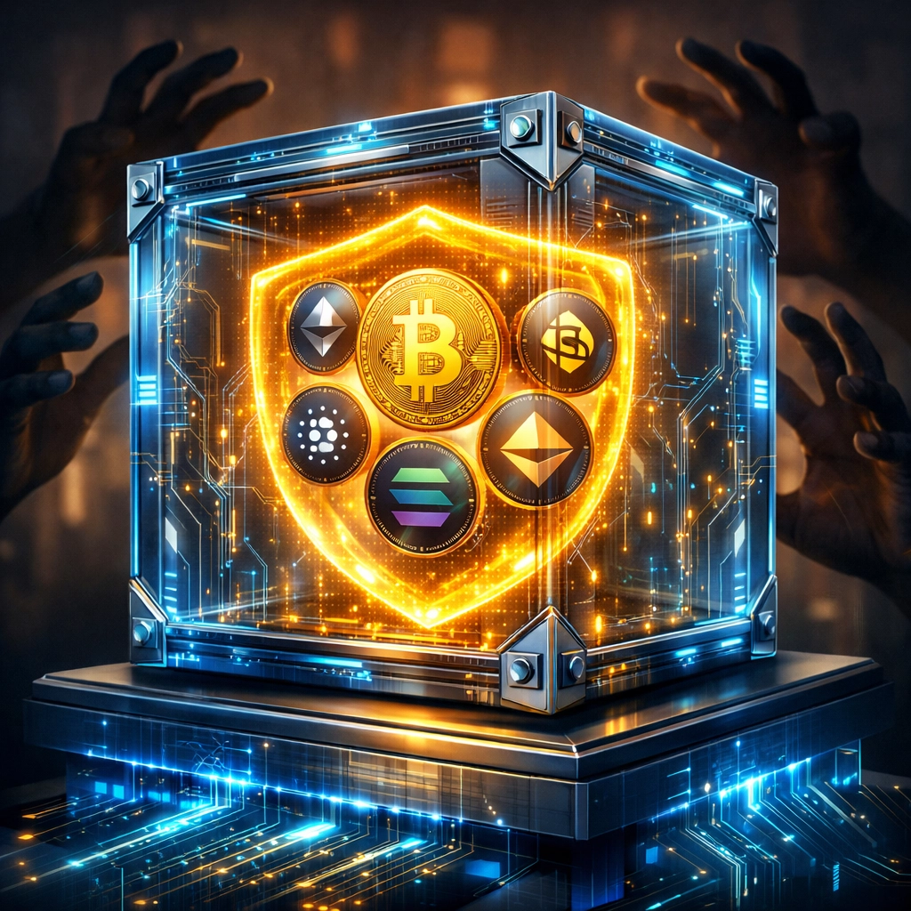 Self-custody cryptocurrency vault protecting merchant funds with blockchain security