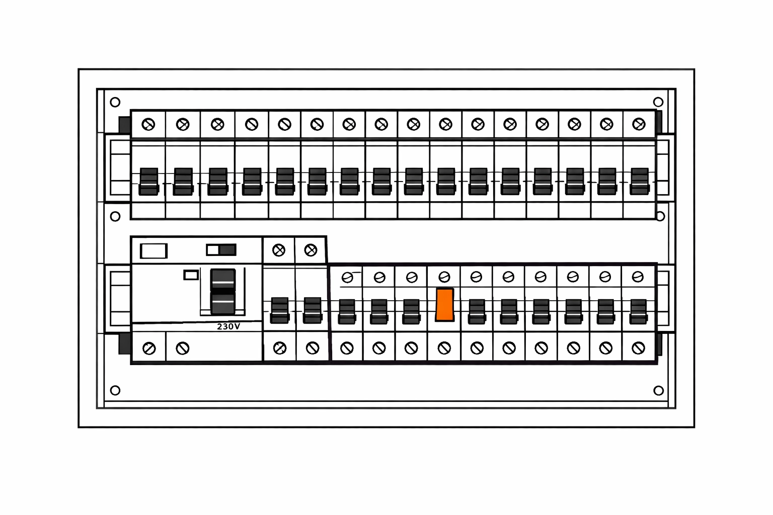 Modernes Elektro-Verteilerboard mit FI-Schutzschalter zur Fehlerbehebung bei Stromausfall.