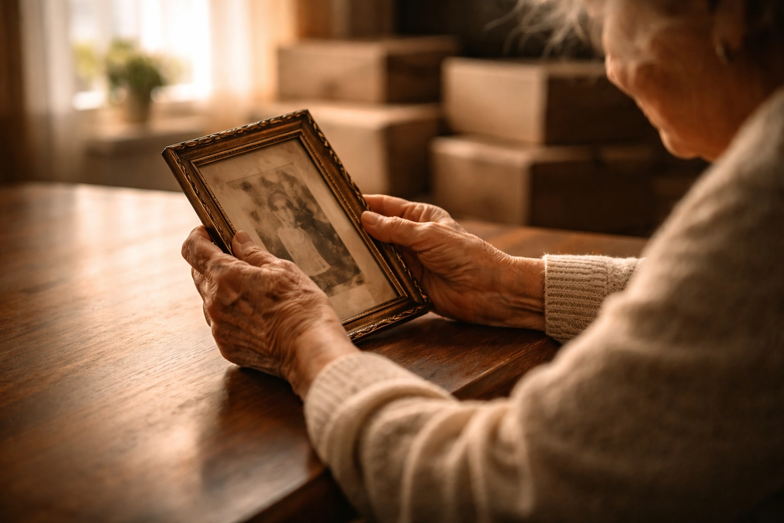 Elderly woman's hands holding an antique photo frame, symbolizing memories during downsizing in Worthington