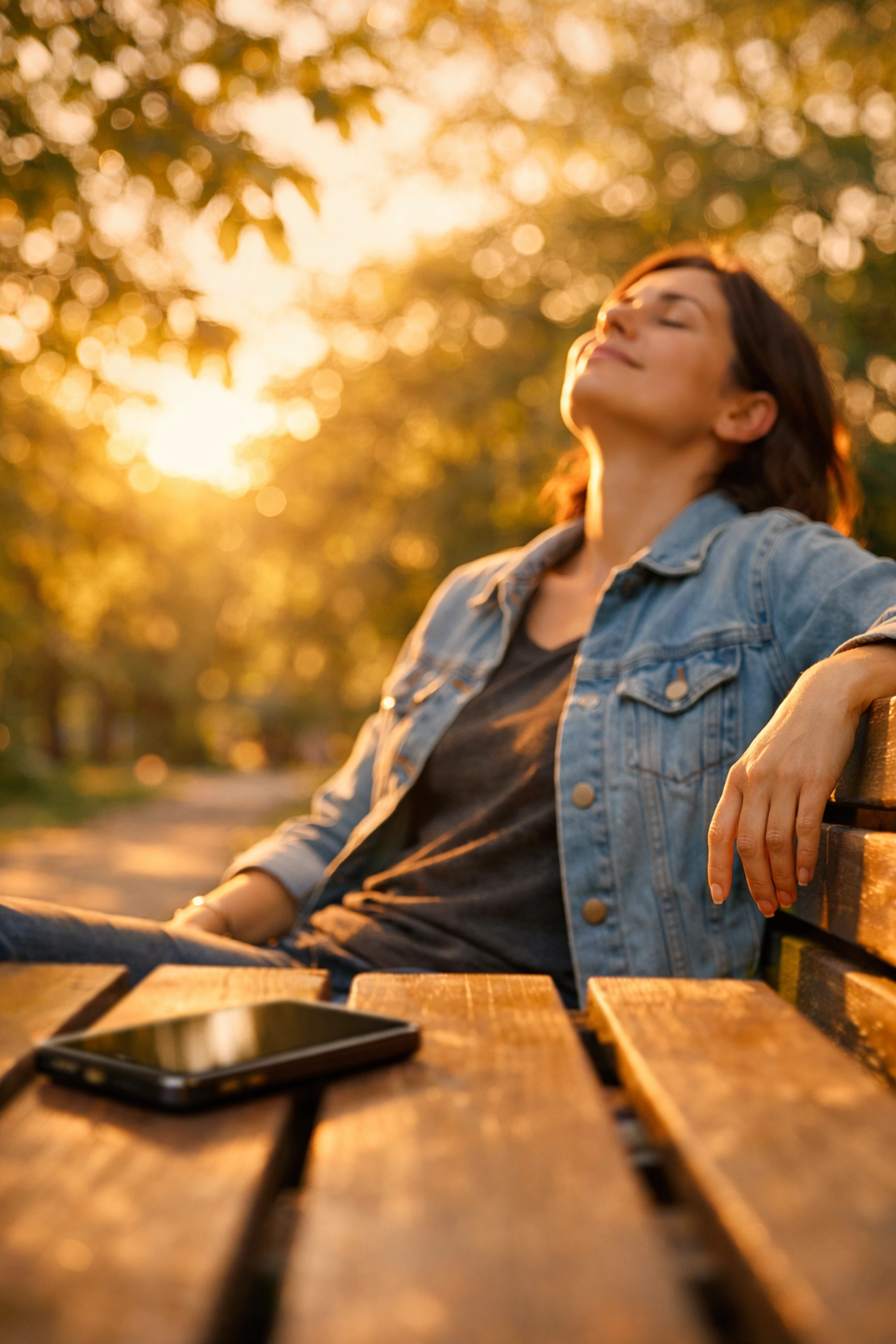 Taking a peaceful break from news anxiety in nature with phone set aside