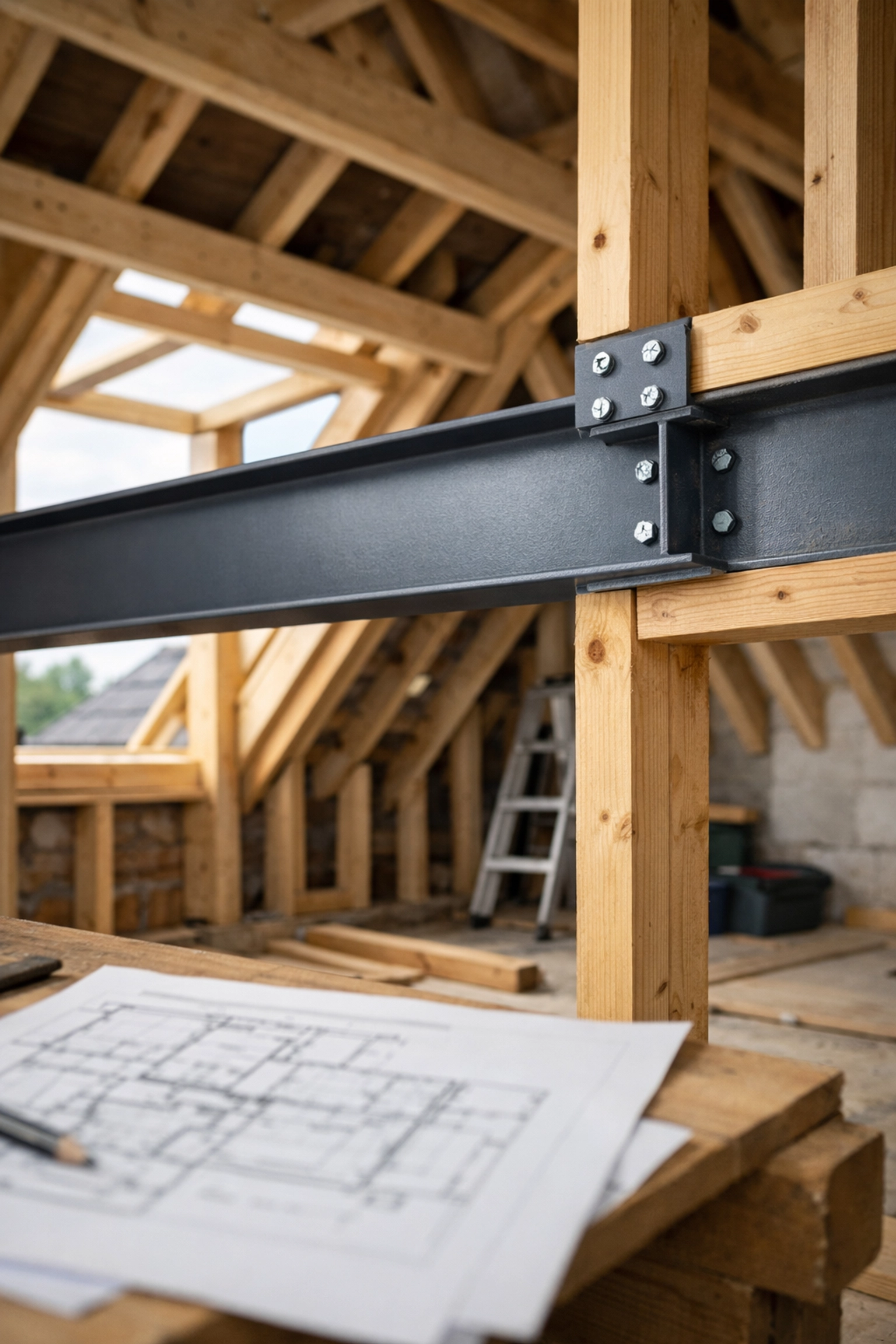 Steel RSJ beam and timber framing showing the importance of a structural engineer in loft conversions.