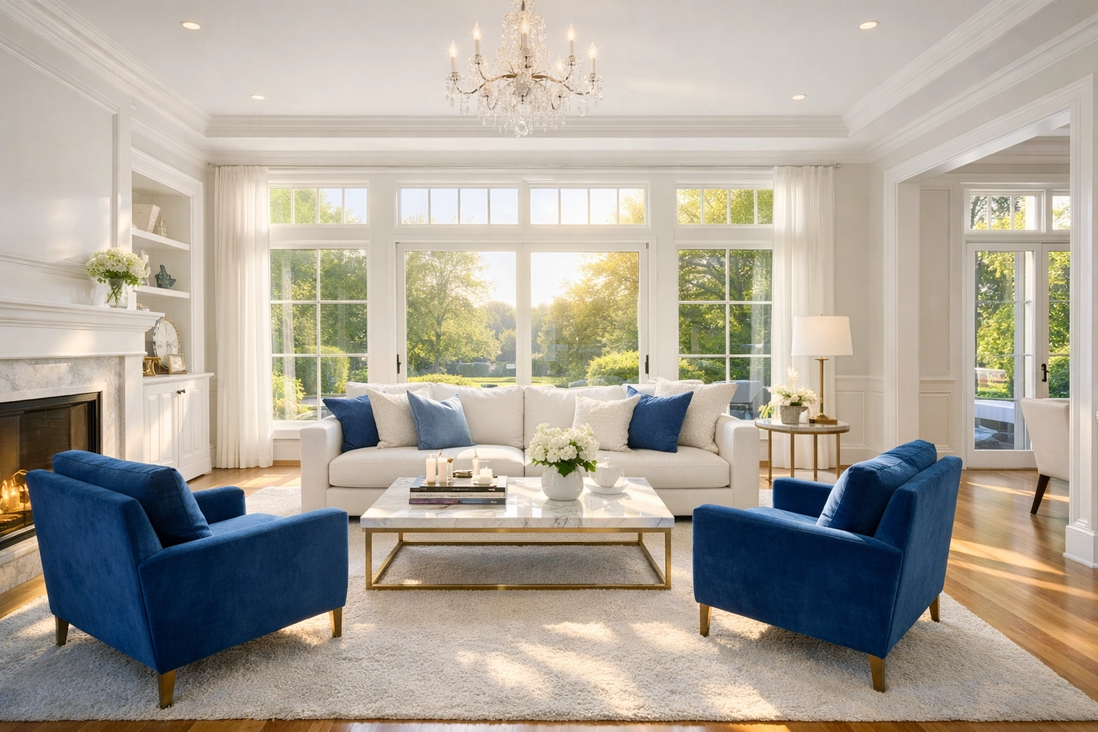 Sun-drenched luxury living room in Wellesley MA highlighting fresh, eco-friendly house cleaning results.