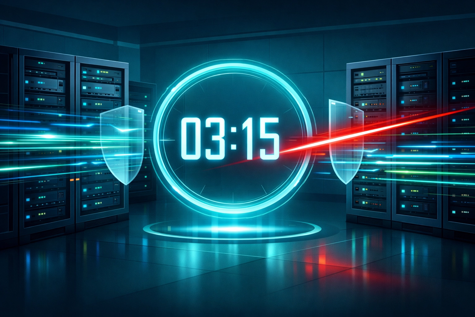 Digital illustration of rapid ransomware encryption spreading through server racks during a high-speed cyberattack.