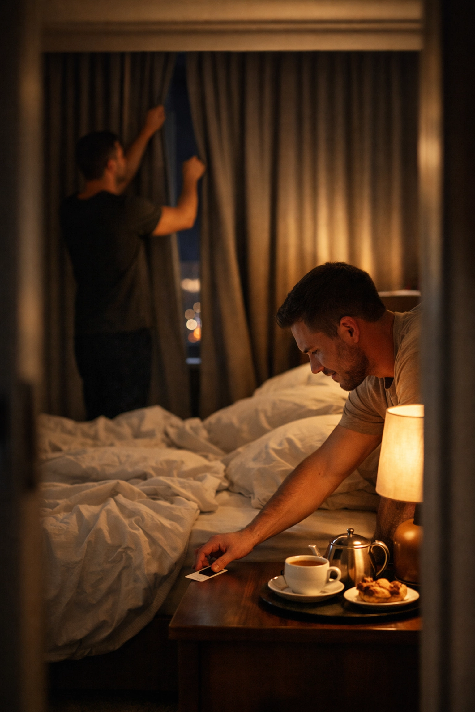 Gay couple closing curtains in a boutique hotel room for a private and intimate travel moment.