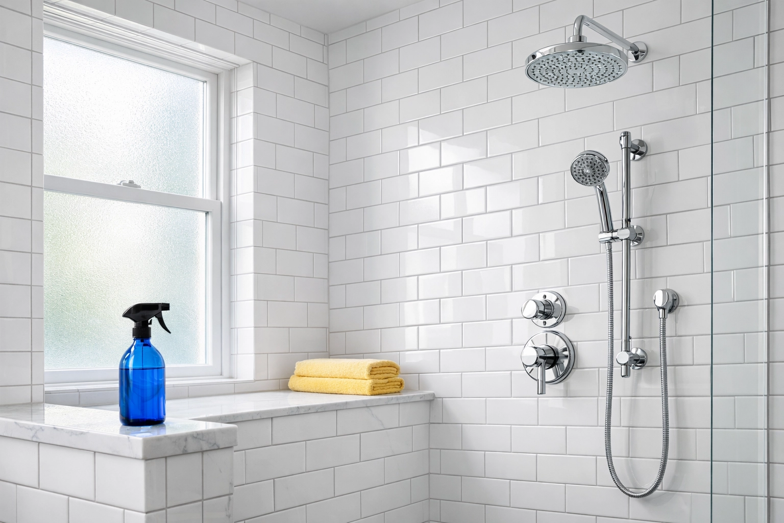 Deep cleaned luxury bathroom tiles and grout after a professional Boston apartment turnover cleaning.