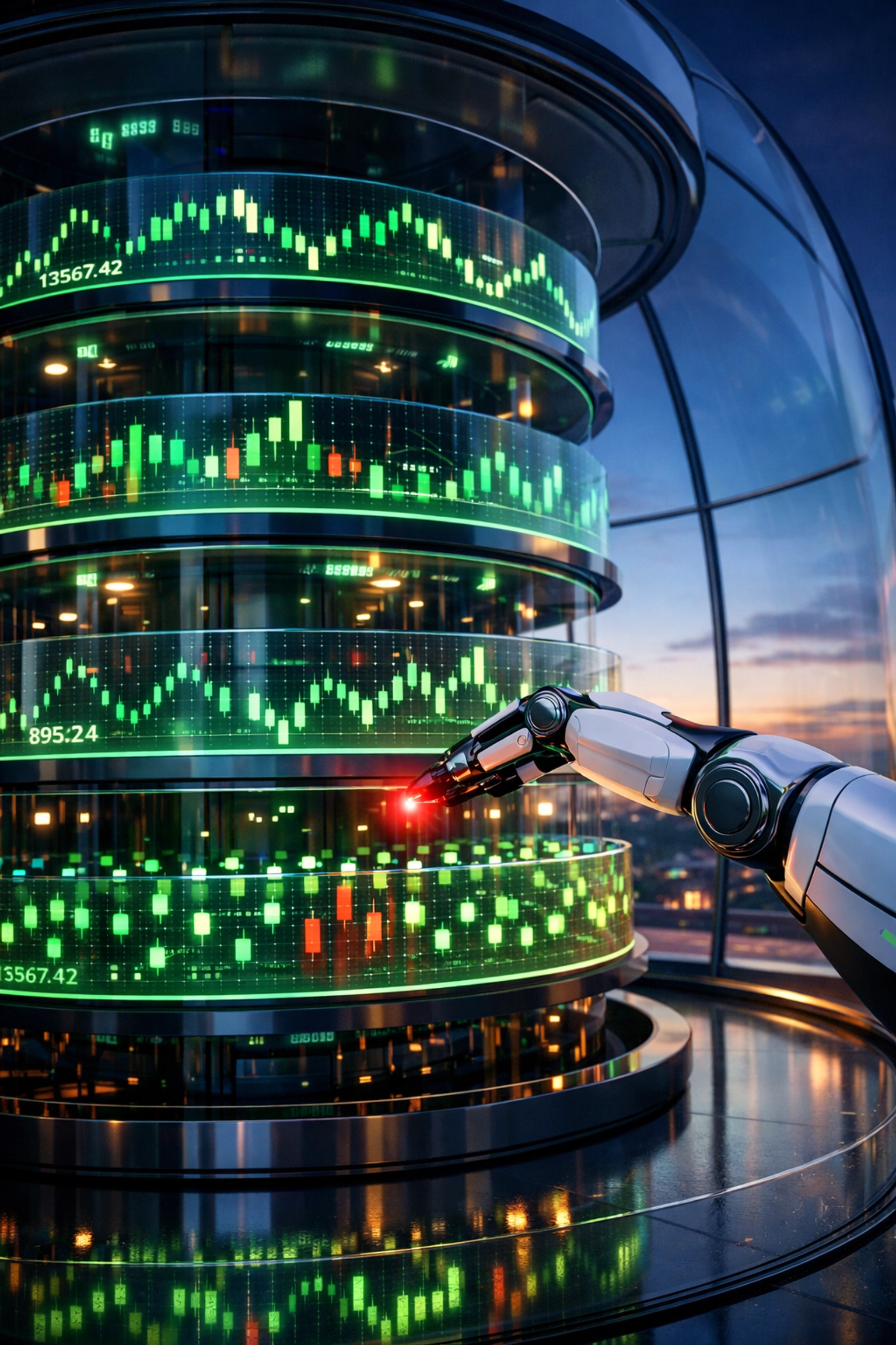 Robotic arm selecting a stock market loss node from a data visualization to create a tax shield.