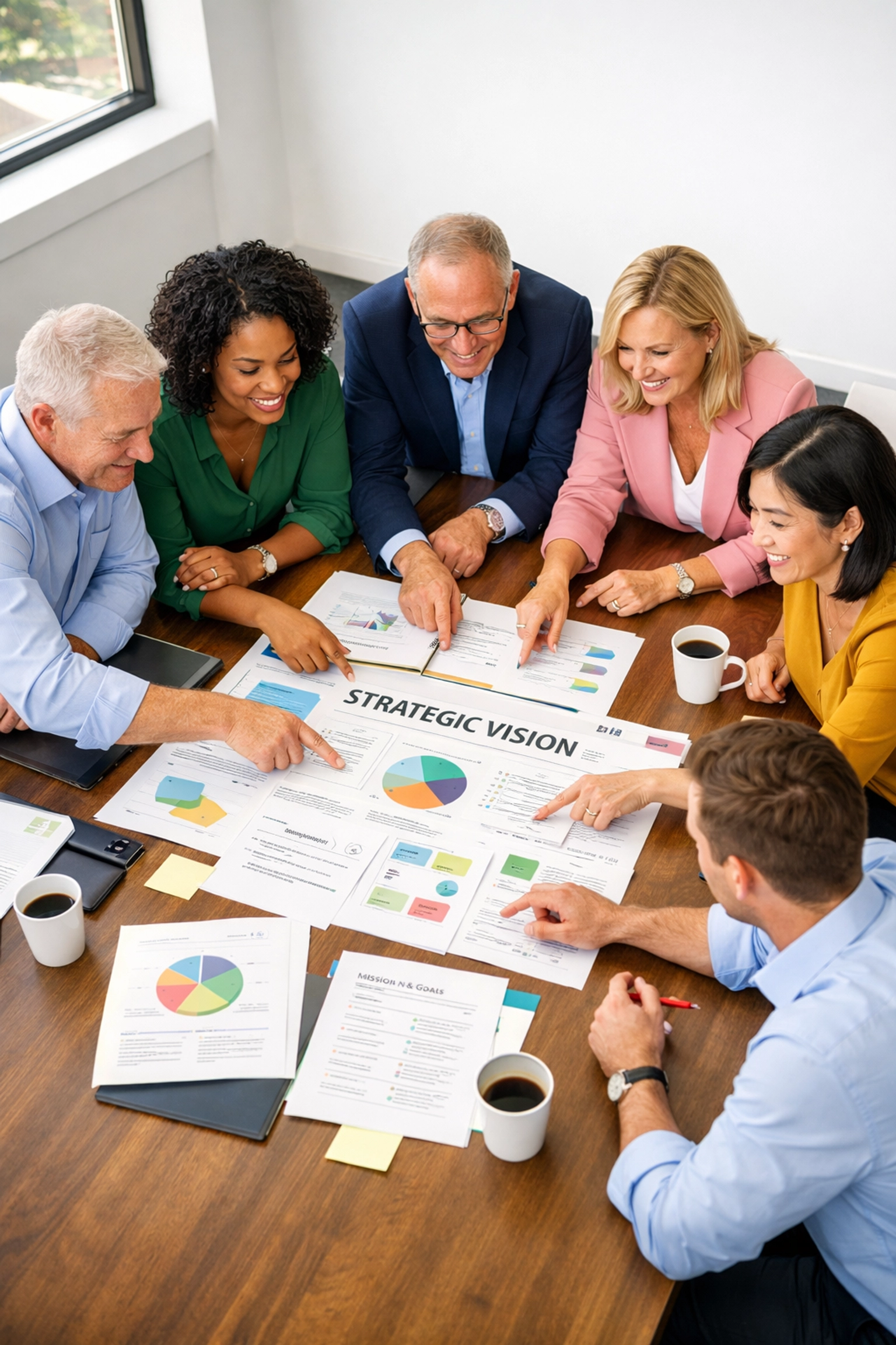 Aligned leadership team collaborating on strategic vision and business planning