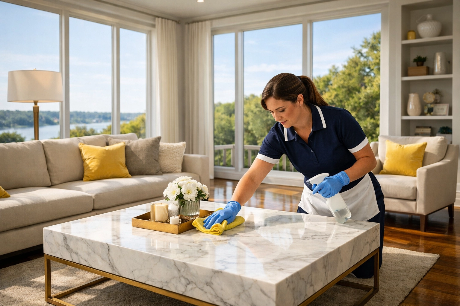 Professional cleaner providing house cleaning services MA in a luxury Massachusetts living room.