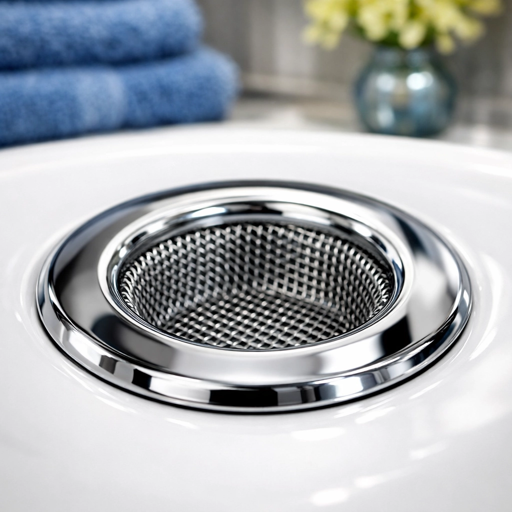 A stainless steel mesh sink strainer preventing hair and food from clogging kitchen or bathroom drains.