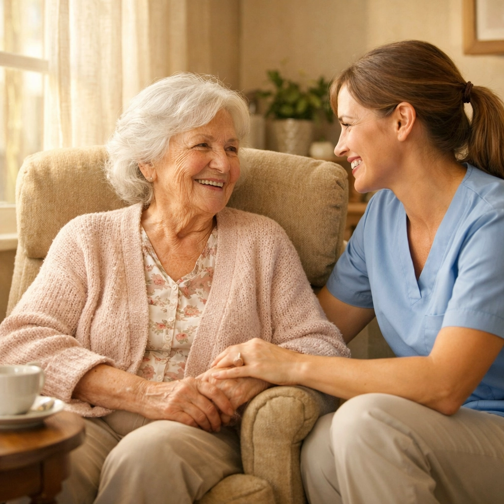 Professional caregiver providing companionship to elderly woman during respite care visit at home