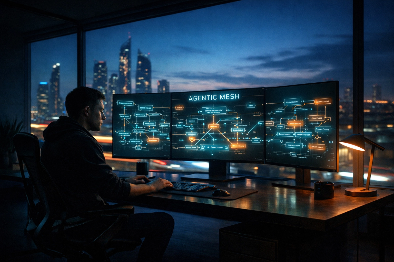 A digital architect analyzing a complex Agentic Mesh flowchart on multiple monitors in a modern office.