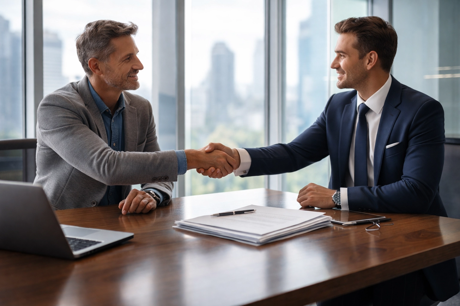 Investor and intermediary shaking hands in an office with documents, highlighting partnership and trust in the 1031 exchange process.