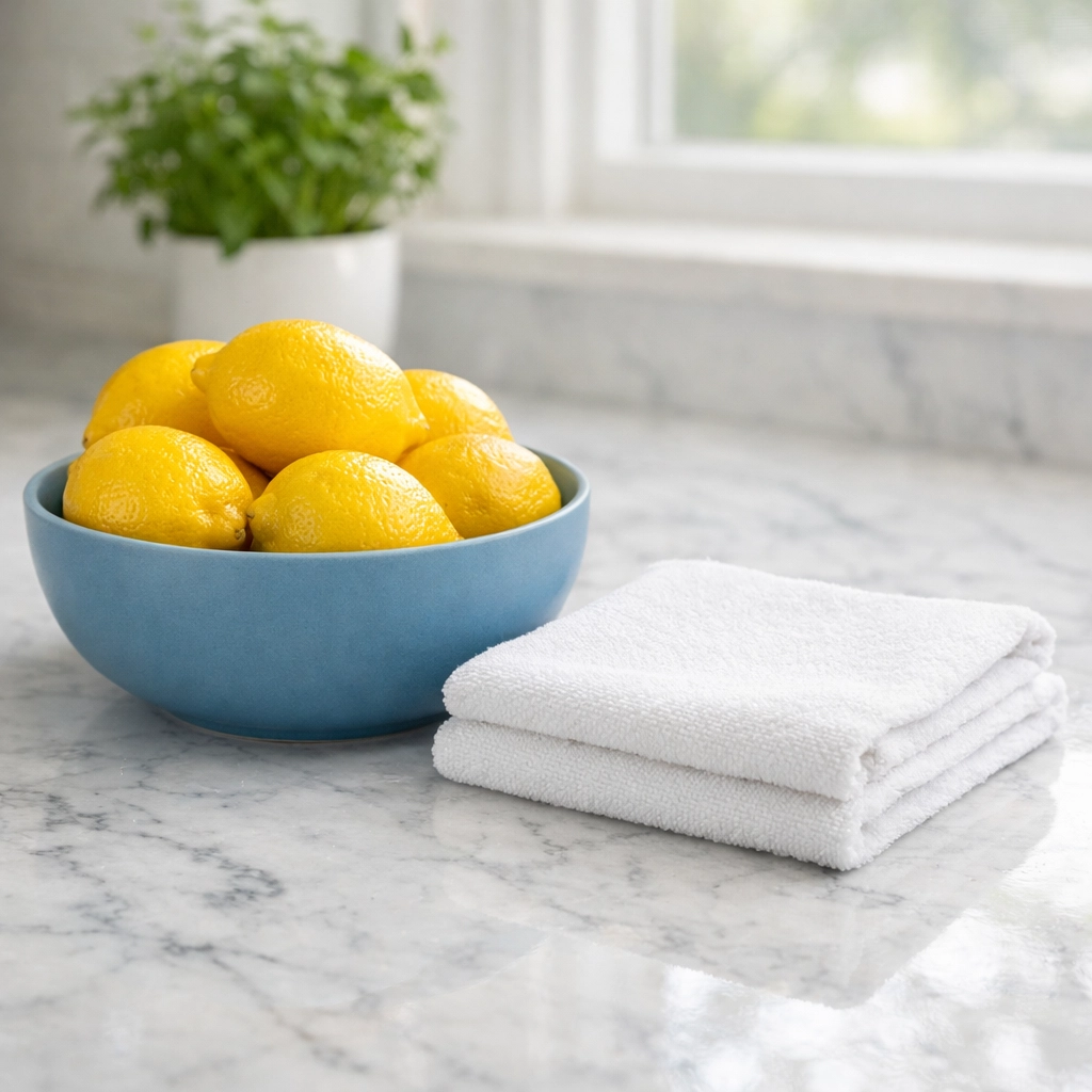 Clean marble kitchen counter with fresh lemons highlighting eco-friendly house cleaning in Shrewsbury MA.