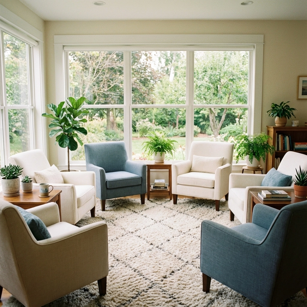 Peaceful Maple Valley nature scene symbolizing mental wellness, soft greens and blues