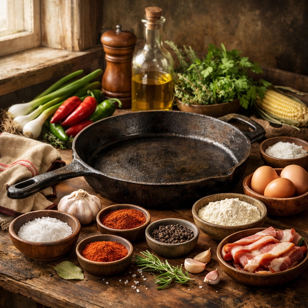 Traditional Southern cooking tools including cast iron skillet with fresh herbs and spices