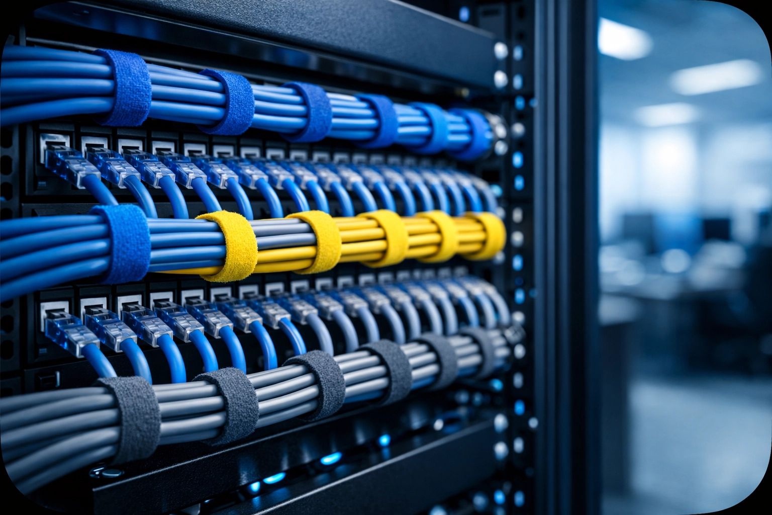 Organized Cat6 ethernet cables in professional server rack showing structured cabling system