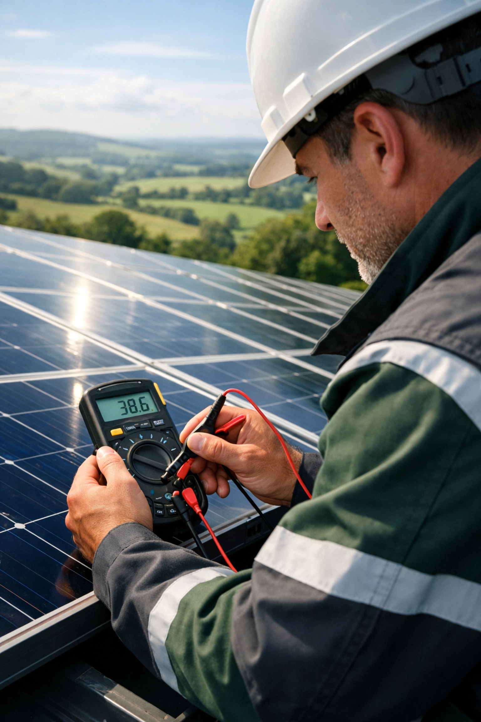 MCS-approved solar technician inspecting solar panels for a high-quality installation in Dorset.