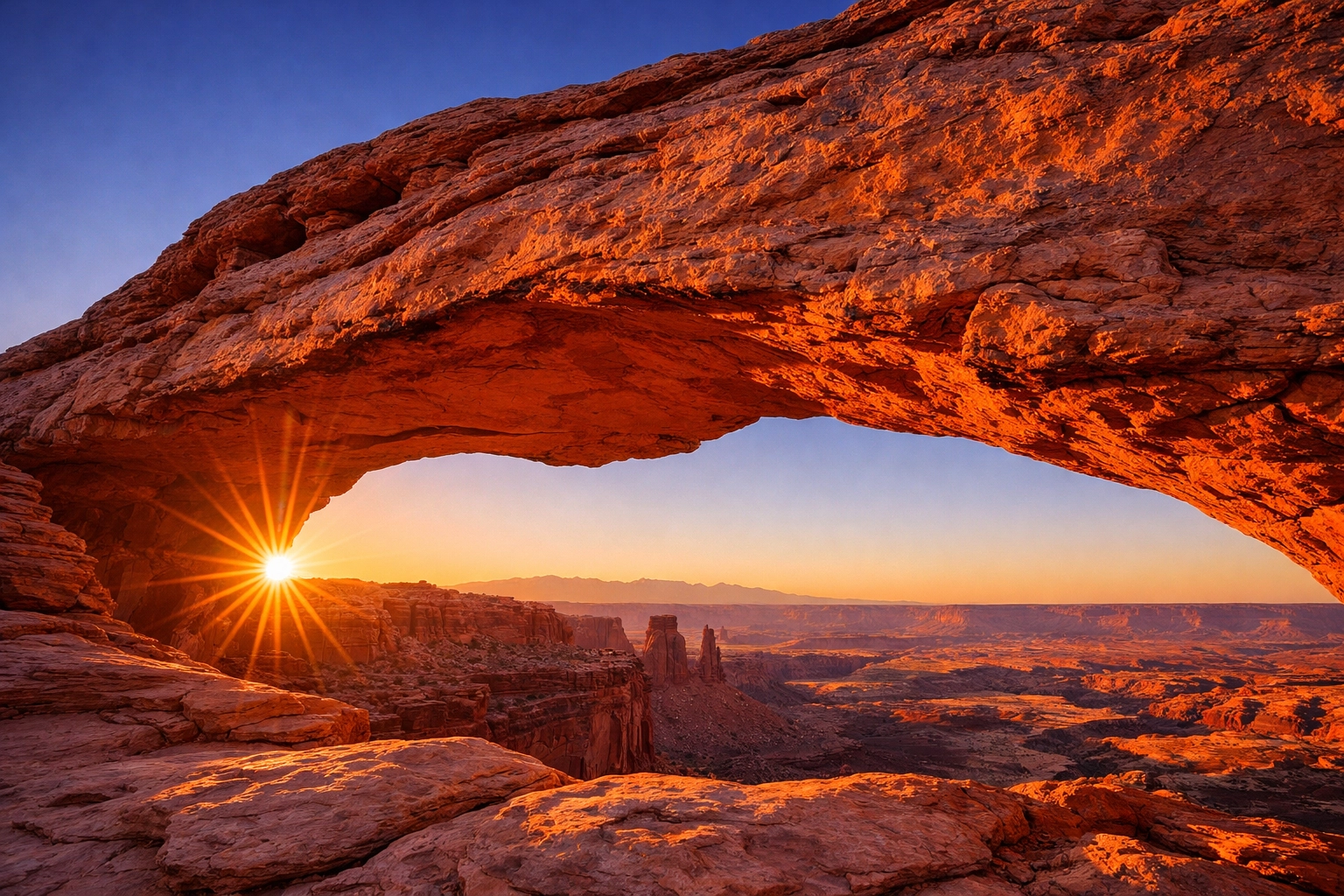 Sunrise at a sandstone arch in Arches National Park, one of the best photography locations in Utah.