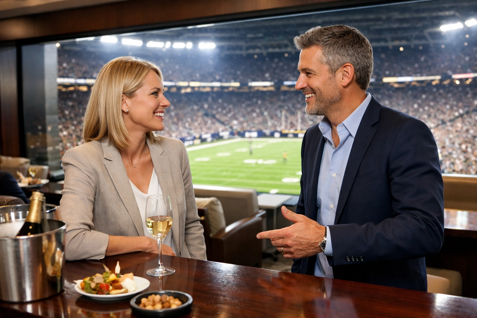 Business professionals networking inside a luxury stadium suite to secure corporate deals.