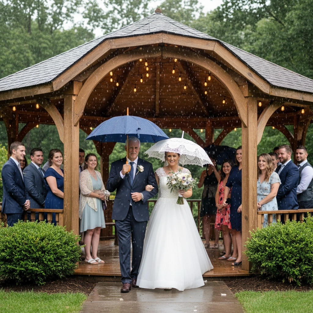Bride and father walk with umbrellas in the rain at a gazebo, surrounded by guests. Bride holds bouquet, setting is lush and festive.