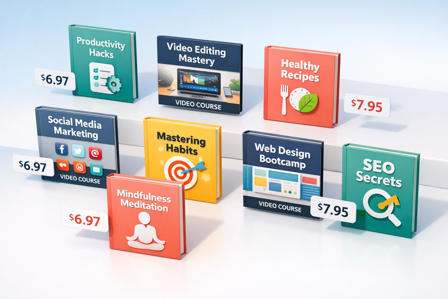 Digital products with resell rights including eBooks and video courses priced at $6.97 and $7.95