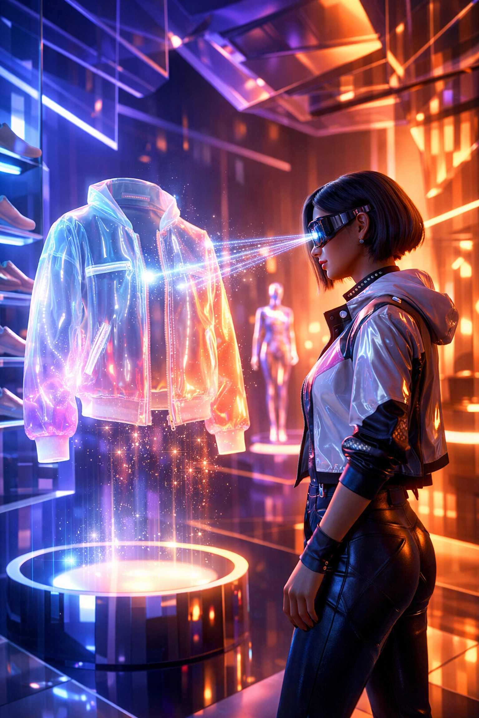 Digital avatar experiencing AI-driven spatial intelligence in a futuristic metaverse shopping boutique.