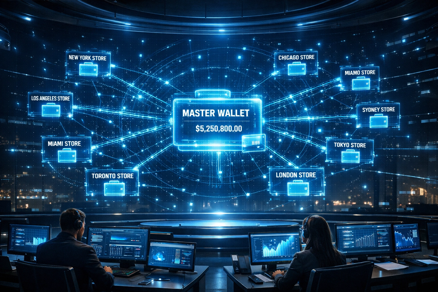 Master wallet architecture with connected sub-wallets for multi-location enterprise payments
