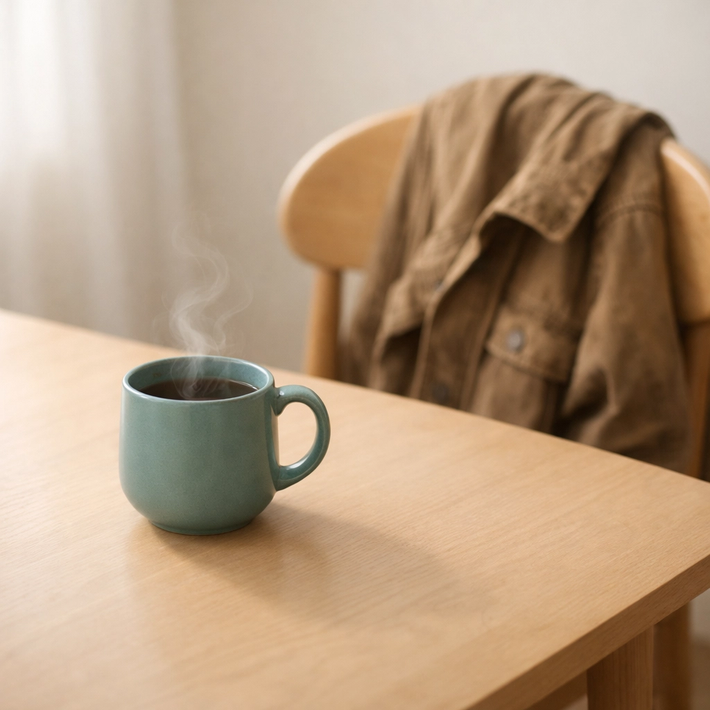 A calming scene with a teal mug on a wooden table, symbolizing the relief and safety of trans identity integration.