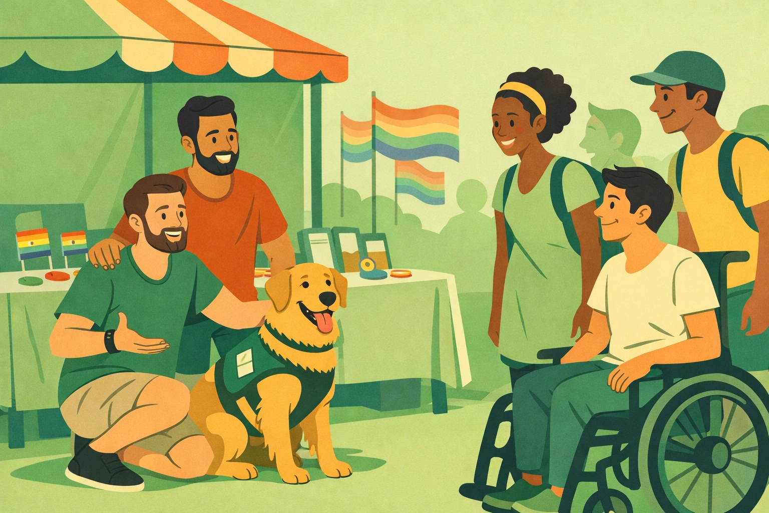 Gay men with service dog at Pride festival booth doing LGBTQ+ advocacy