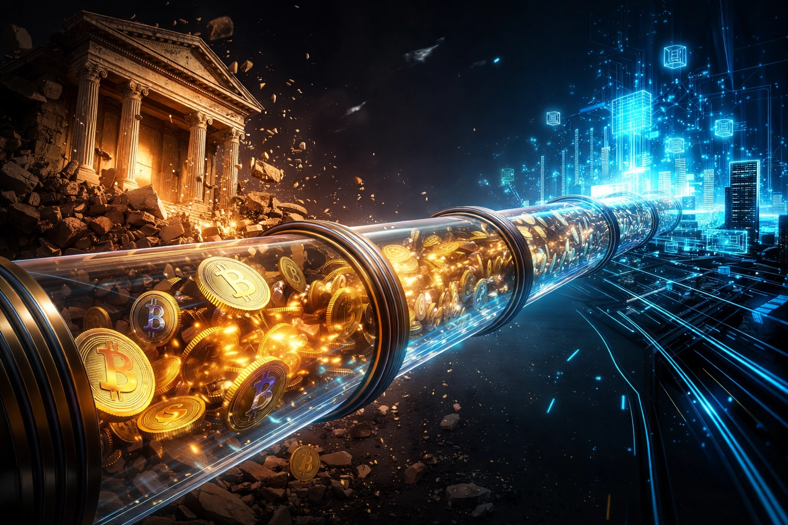 Visual comparison of costly traditional bank payments versus efficient blockchain global transactions