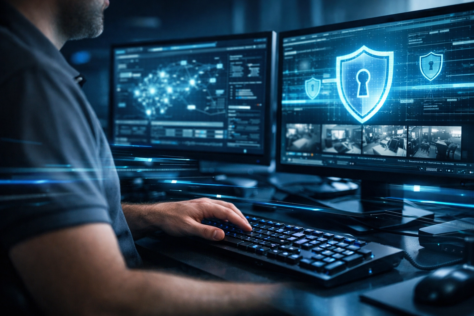 IT professional monitoring a network security dashboard at a high-tech workstation for Michigan business protection.