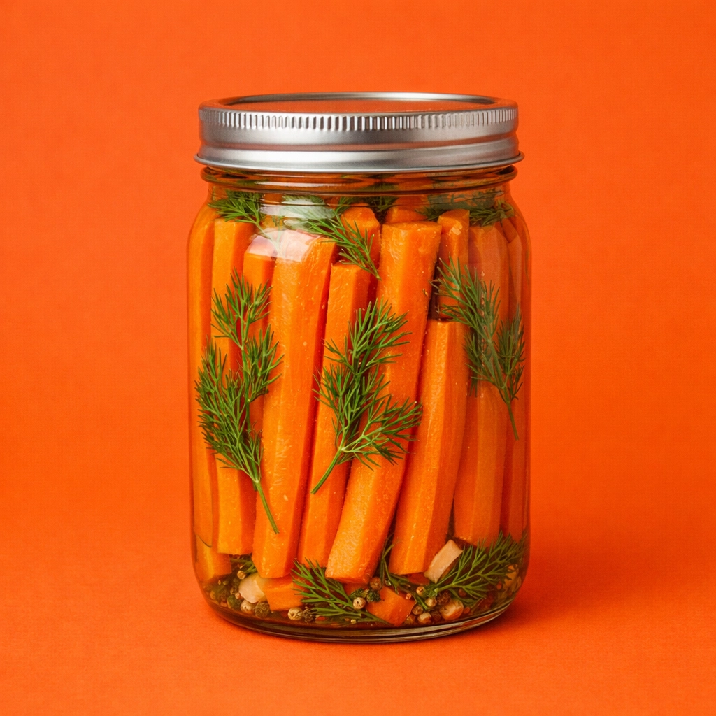 A glass jar filled with crunchy fermented carrot sticks and fresh dill sprigs in brine.